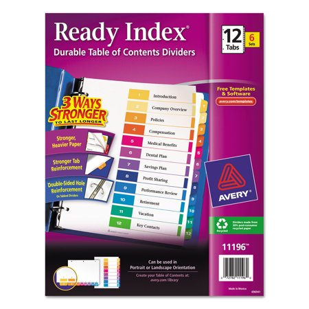 Avery Ready Index Customizable Table of Contents Asst Dividers 12-Tab Ltr 6 Sets