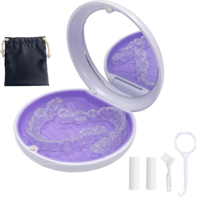 Retainer Case,Aligner Case with Mirror,Round Retainer Holder with Aligner Remover Tool, Chew & Brush,Rope Bag Sets (White Shell Purple Silicone)