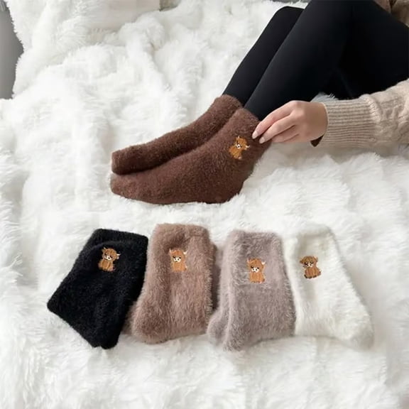 Fuzzy Socks for Women Cute Embroidered Warm & Cozy Winter Soft Fleece Ankle Sock Non-Slip Indoor Stocking House Wear