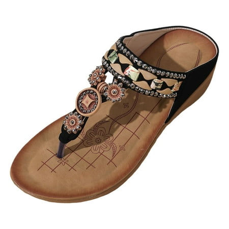 

DVKOVI Ladies Sandals Platform Wedge Sandals Women Bohemian Style Women s Shoes Summer Fashion Beach Flat Slippers Retro Clip On Sandals Black 38