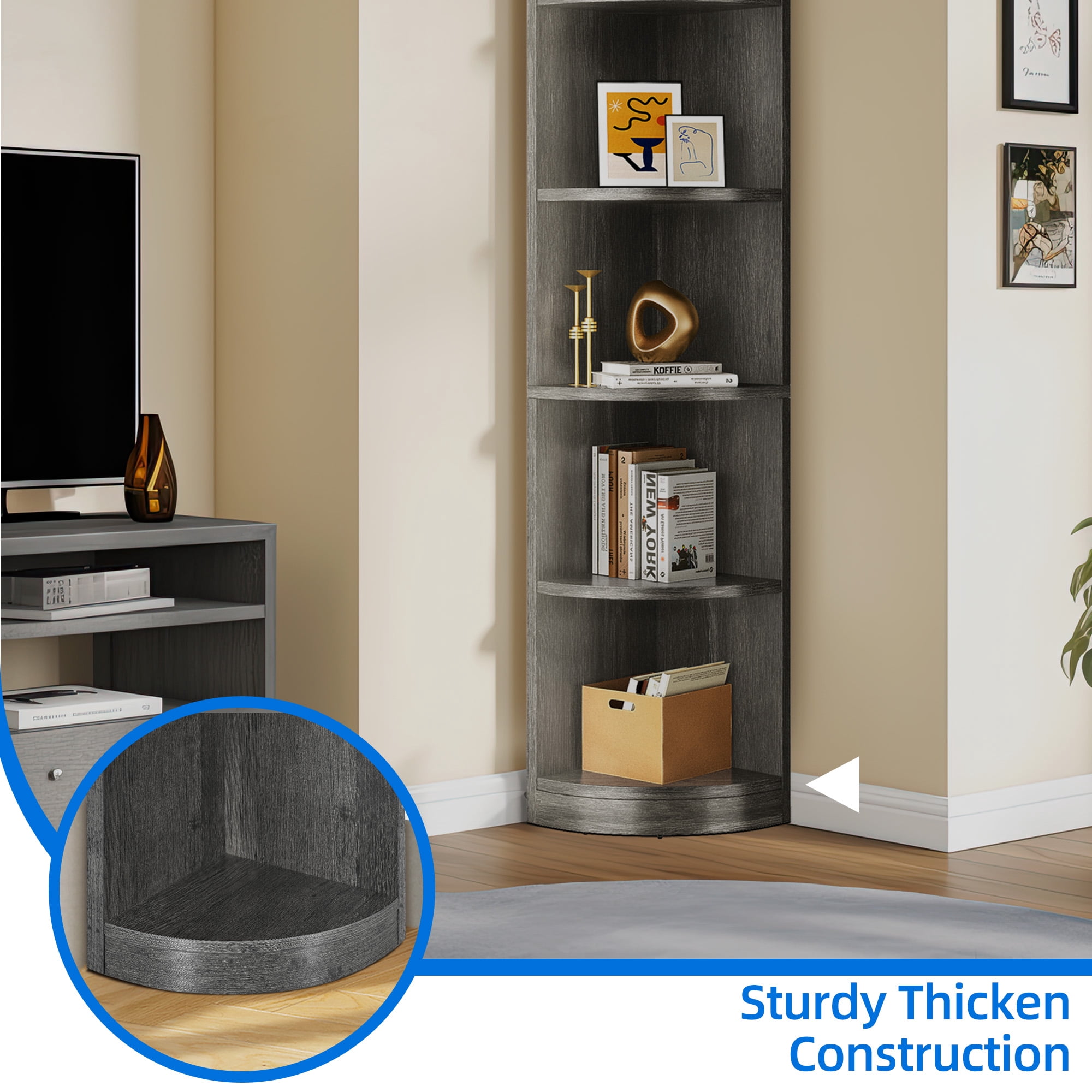 Dextrus 70.8" Corner Shelf, 5 Tier Corner Bookshelf and Bookcase, Modern Open Free Standing Shelving Unit Wooden Display Rack Storage Shelves , Gray