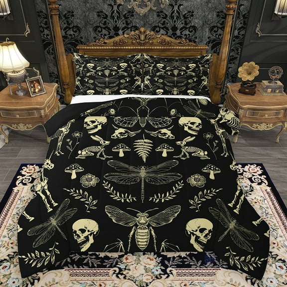Homewish Bohemian Skull Skeleton Full Size Comforter Sets, Rustic Dragonfly Moth Animal Bedding Comforter Set, Western Hippie Style Reversible Bedding Sets, Luxury Bedroom Decor, 3 Pieces
