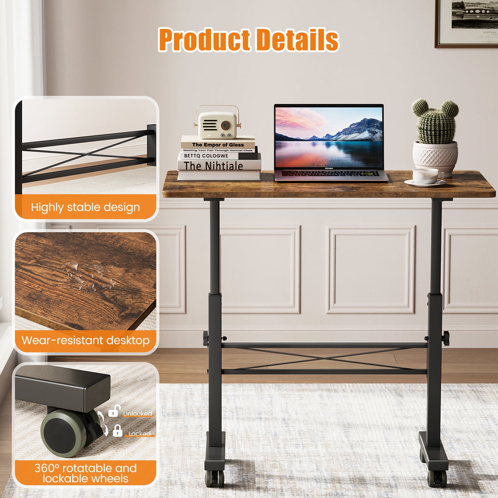 Flycity Standing Desk Adjustable Height, Mobile Stand Up Desks with Wheels, Small Laptop Desks, Portable Computer Rolling Desk for Home Office and Pad Treadmill, Height 26"-37.8", 15.7"D x 31.5"W