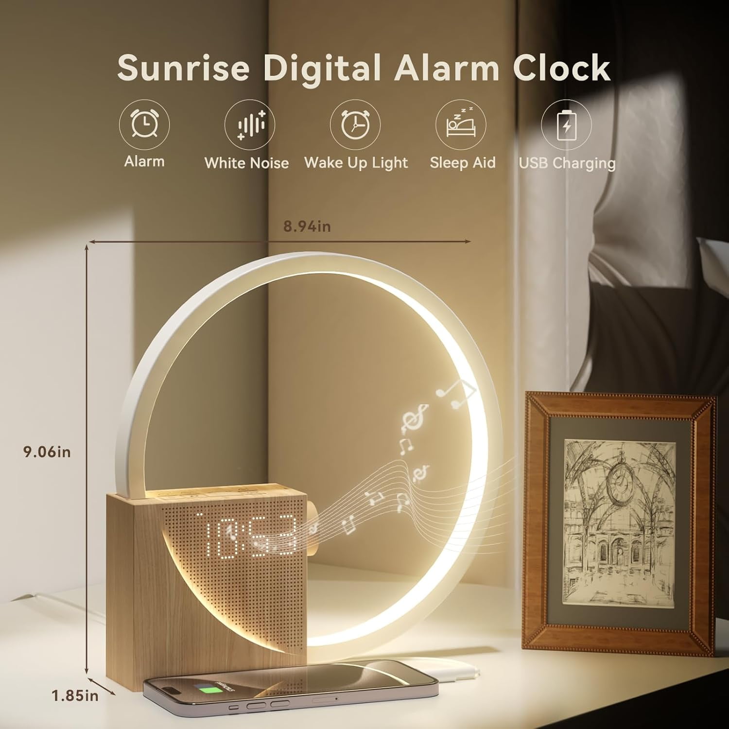 Sunrise Alarm Clock with Gradual Wake-up Light, 10 White Noise Sounds, Touch Dimmable Light & Dual Alarms with Snooze for Heavy Sleepers, Wood Grain
