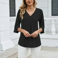 thumbnail image 2 of Lenpel Women's Chiffon Tunic Tops 3/4 Length Sleeve V Neck Pleated Curved Hem Dressy Casual Work Shirts Loose Office Blouses(Black,Medium), 2 of 7