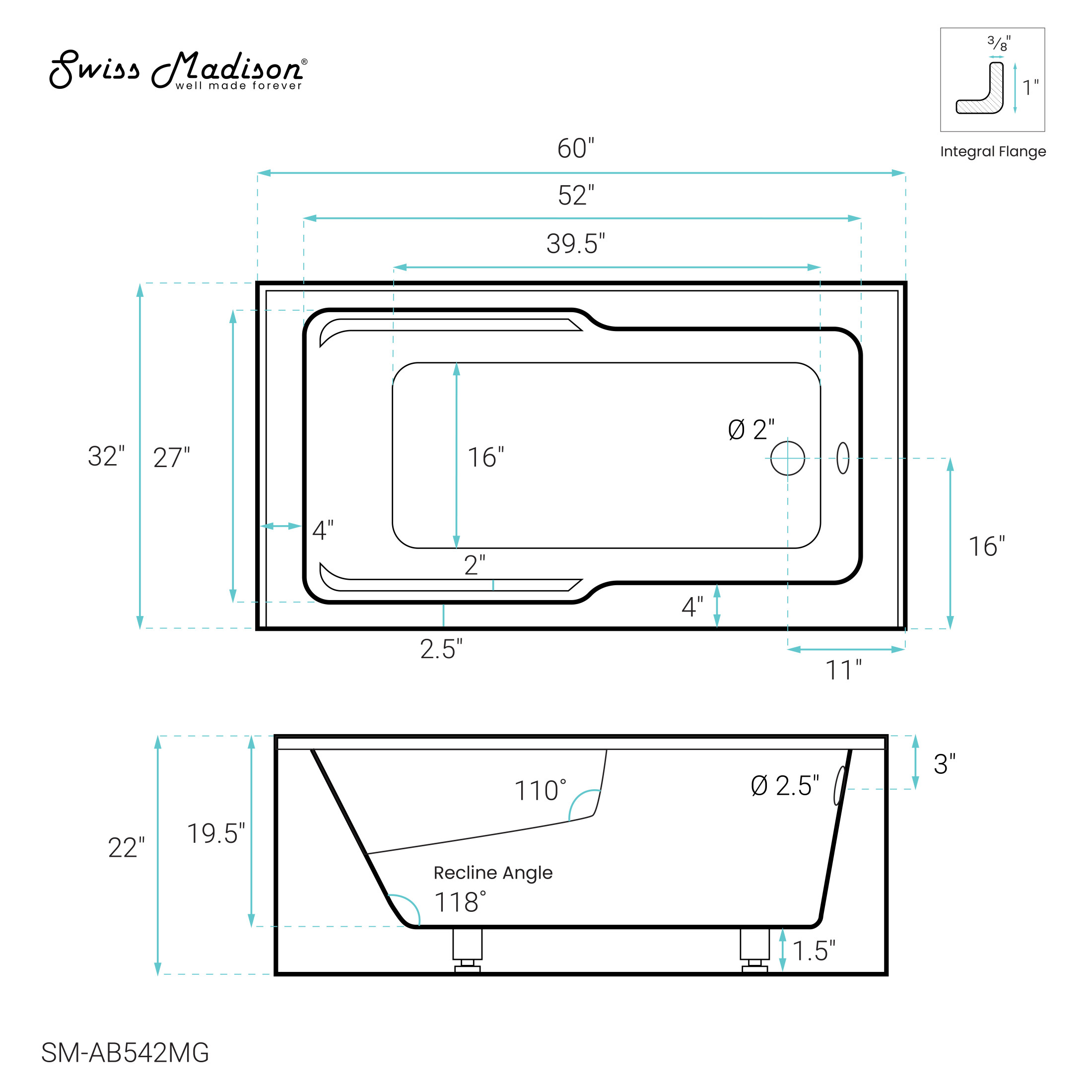 Voltaire 60" x 32" Right-Hand Drain Alcove Bathtub with Apron and Armrest in Matte Gray