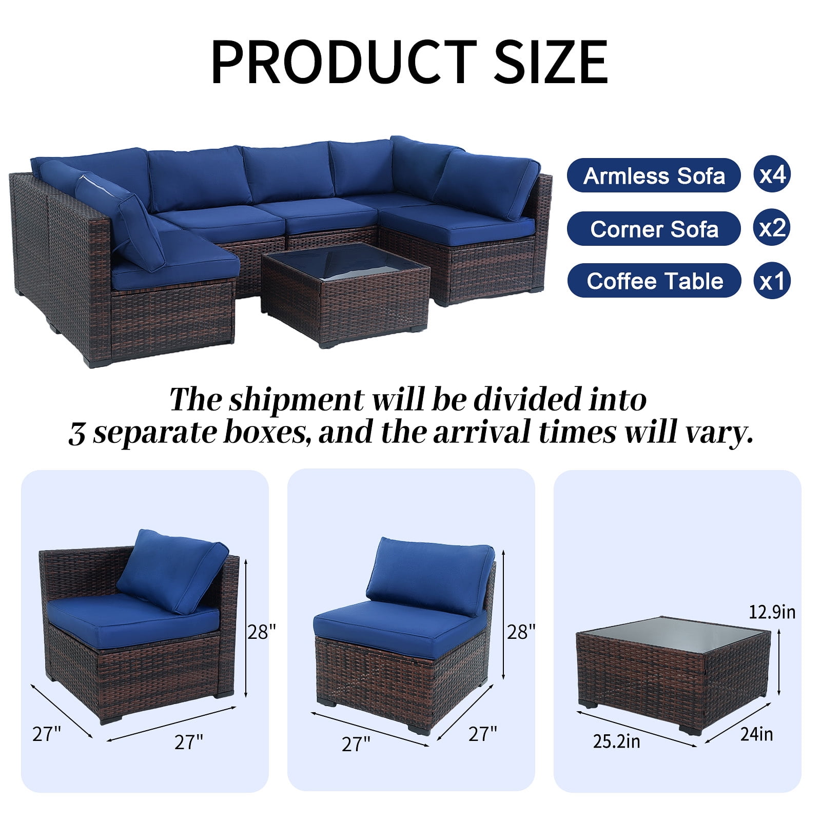 AstrPthylx 7-Piece Patio Sectional Set with Coffee Table, All-Weather Outdoor PE Rattan L-Shaped Sofa & Cushions for Garden, Backyard (Blue)