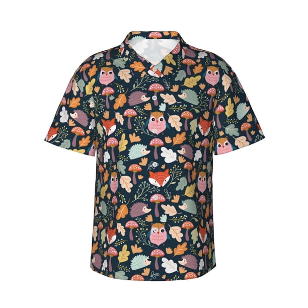 Fotbe Autumn Fox Owl Camisa Hawaiana para Hombre Unisex – Camisa Casual de Verano con Botones de Manga Corta de Algodón y Lino,XX-Large