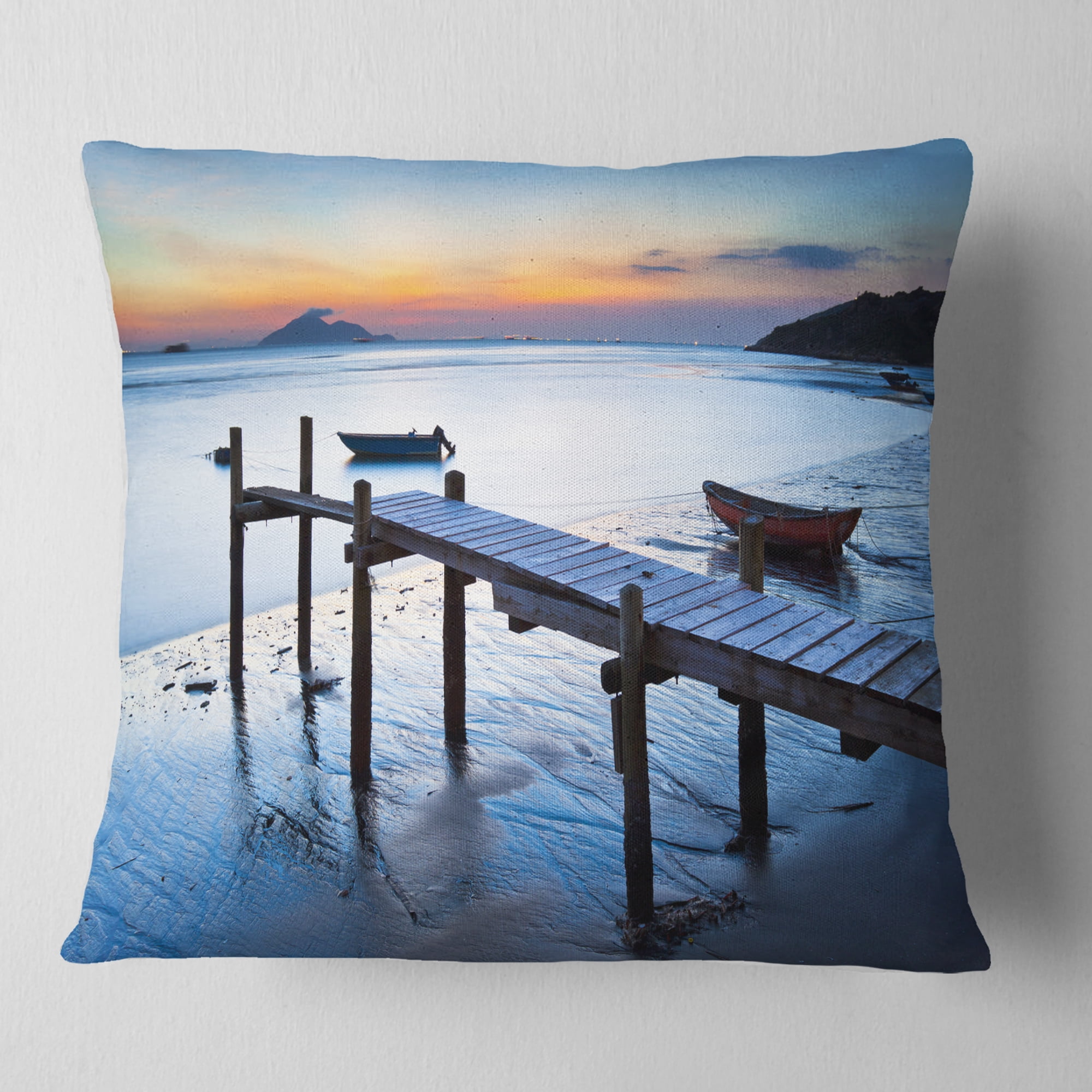 Designart Old Wooden Pier in Bright Sea - Seascape Throw Pillow - 18x18