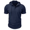 thumbnail image 2 of Kalauyu Mens Hooded Henley Short Sleeve Cotton Blend Pullover Shirts Drawstring Hood with Button Up Casual Solid Color Summer Workout Tees, 2 of 7