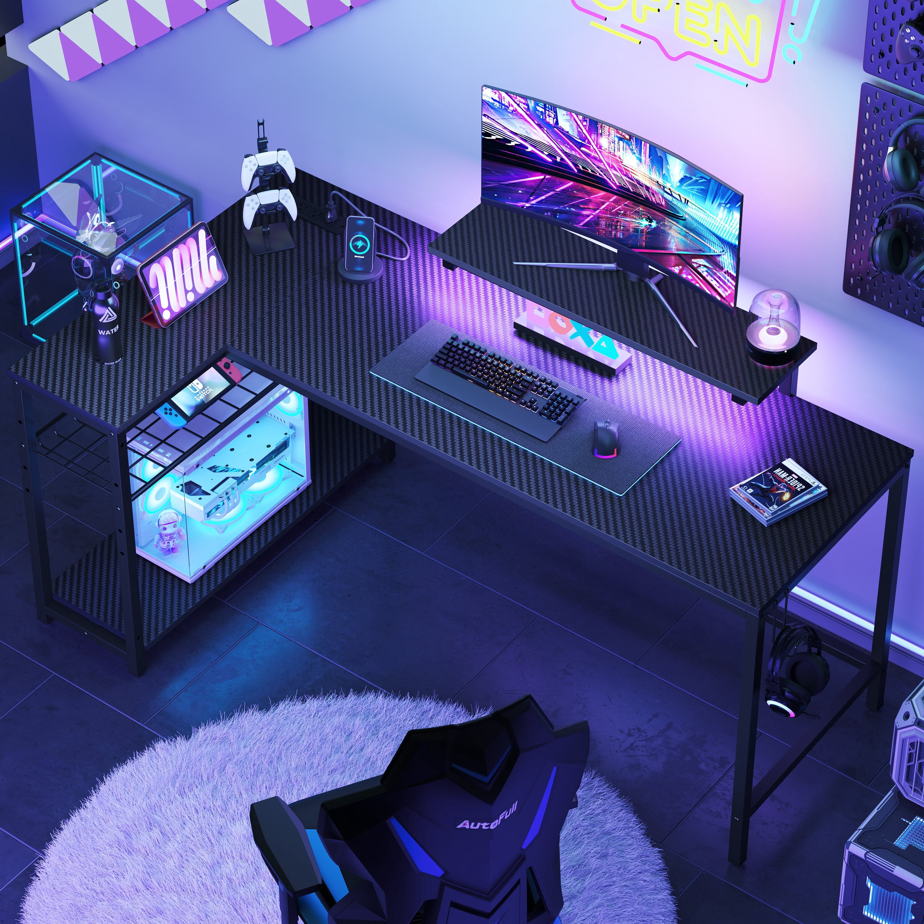 Bestier 58" Gaming Desk with LED Lights L Shaped Desk with Power Outlet & Monitor Stand Corner Computer Desk in Carbon Fiber