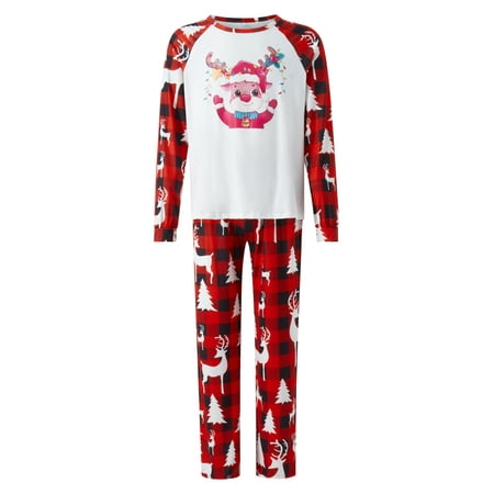

Genuiskids Christmas Family Matching Pajamas Set Long Sleeve Cartoon Elk Tops +Plaid Pants