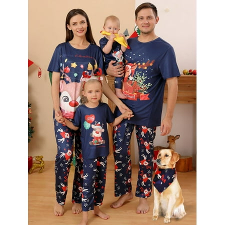 

BULLPIANO Family Matching Christmas Pajamas Sets Dad Mom Kids Baby Deer Printing Family Parent-child Fitted Cotton Soft 2-piece Pajamas Outfits