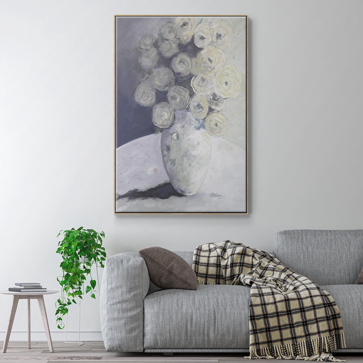 Green Vase with Yellow Flowers Framed Premium Gallery Wrapped Canvas - Ready to Hang - 27 x 41 - Natural Wood Floating Frame