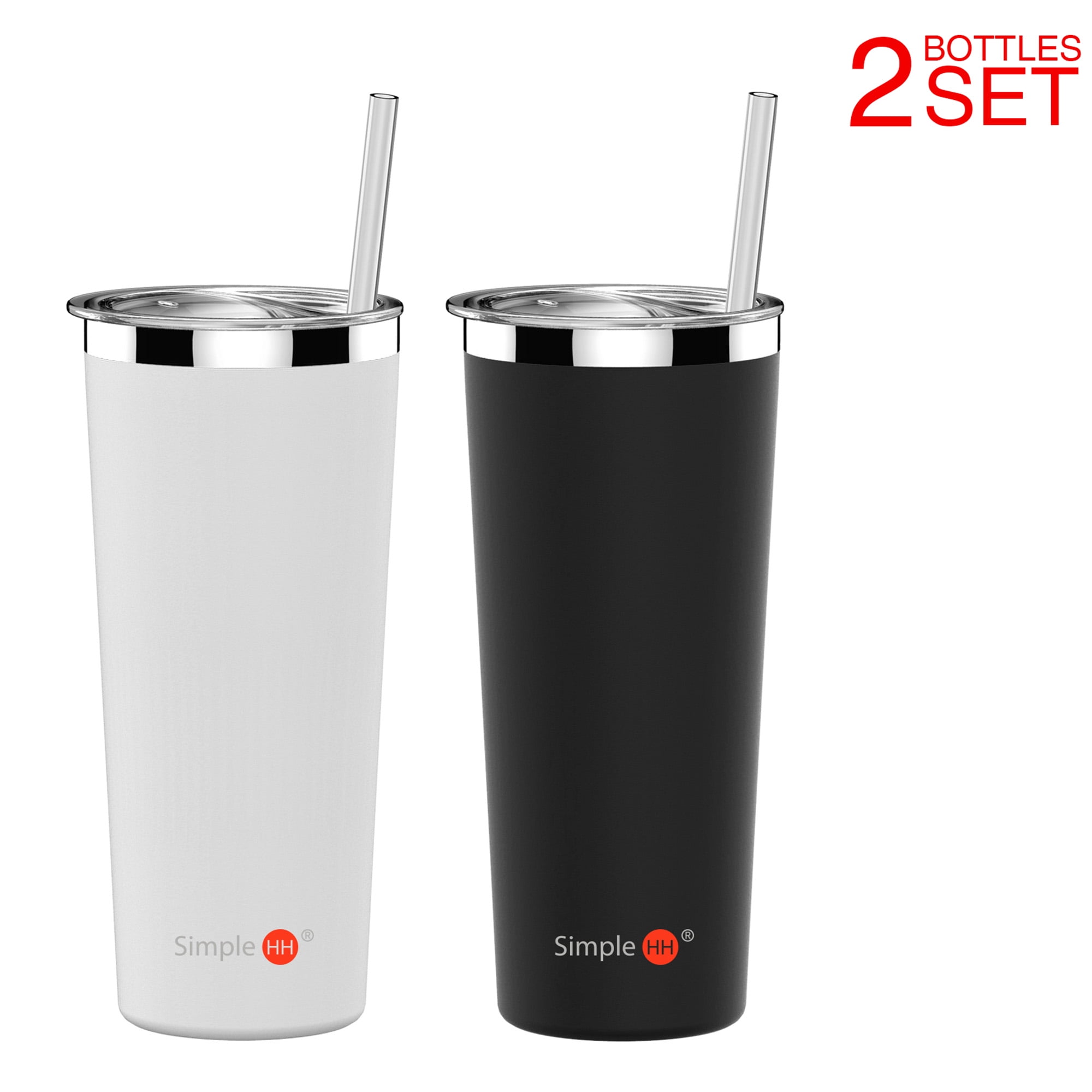 2 Pack Simple HH Vacuum Insulated Coffee Cup | Double Walled Stainless Steel Tumbler with straw | Travel Flask Mug | No Sweating, Keeps Hot & Cold| 22oz(650ml)|BPA Free