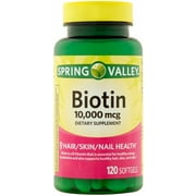 Spring Valley - Biotin 10,000 mcg - 120 softgels , Hair, Skin, Nails EXP 8/23