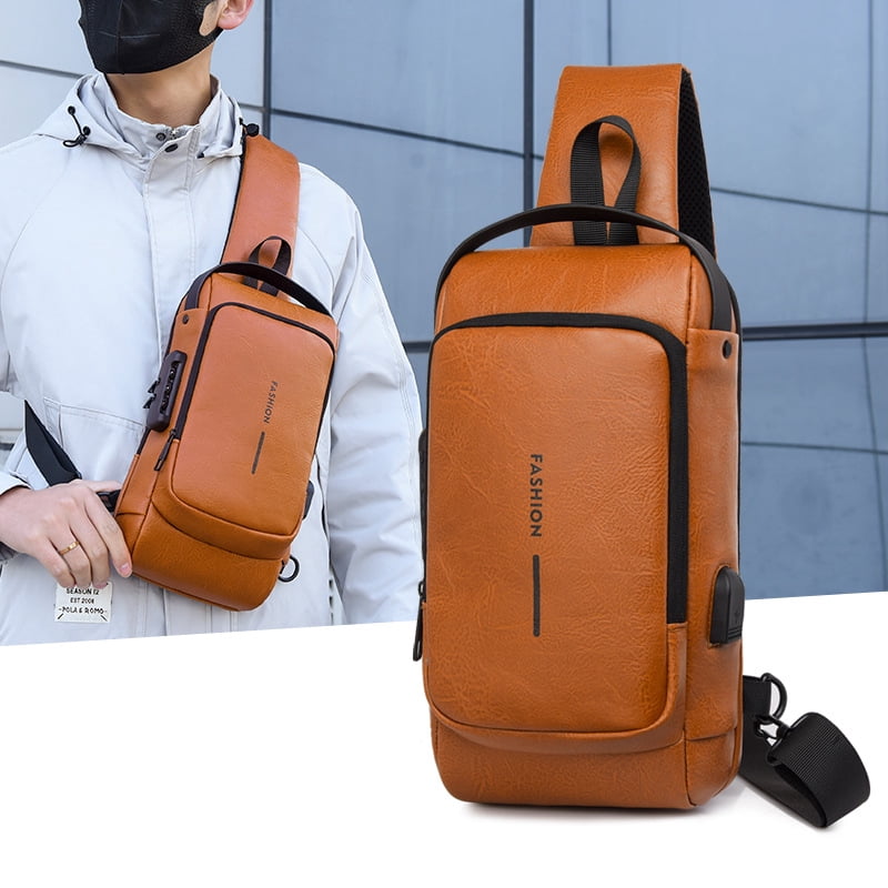 Travel Sling Bag Waterproof Crossbody Bag with Combination Lock Anti-Theft PU Leather Chest Bag with USB Charging Hole Shoulder Backpack Motorcycle Bags
