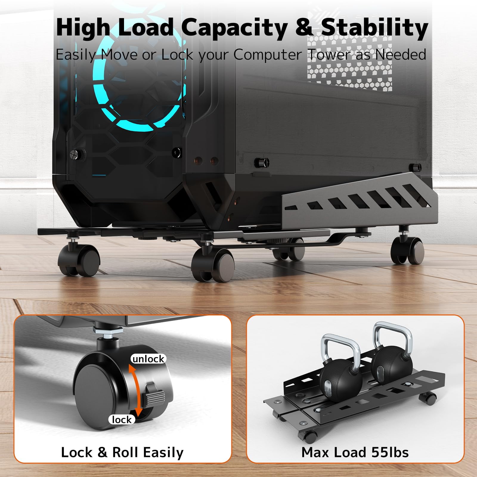 PUTORSEN Computer Tower Stand - Under Desk PC Stand for Floor with Rolling Caster Wheels