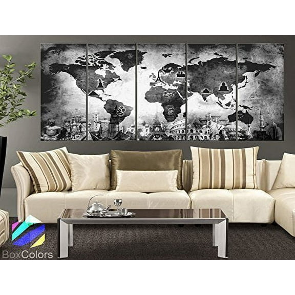 Original by BoxColors XLARGE 30"x 70" 5 Panels 30"x14" Ea Art Canvas Print Original Wonders of the world Old Map Black & White Gray Wall decor Home interior 5 Piece (framed 1.5" depth)