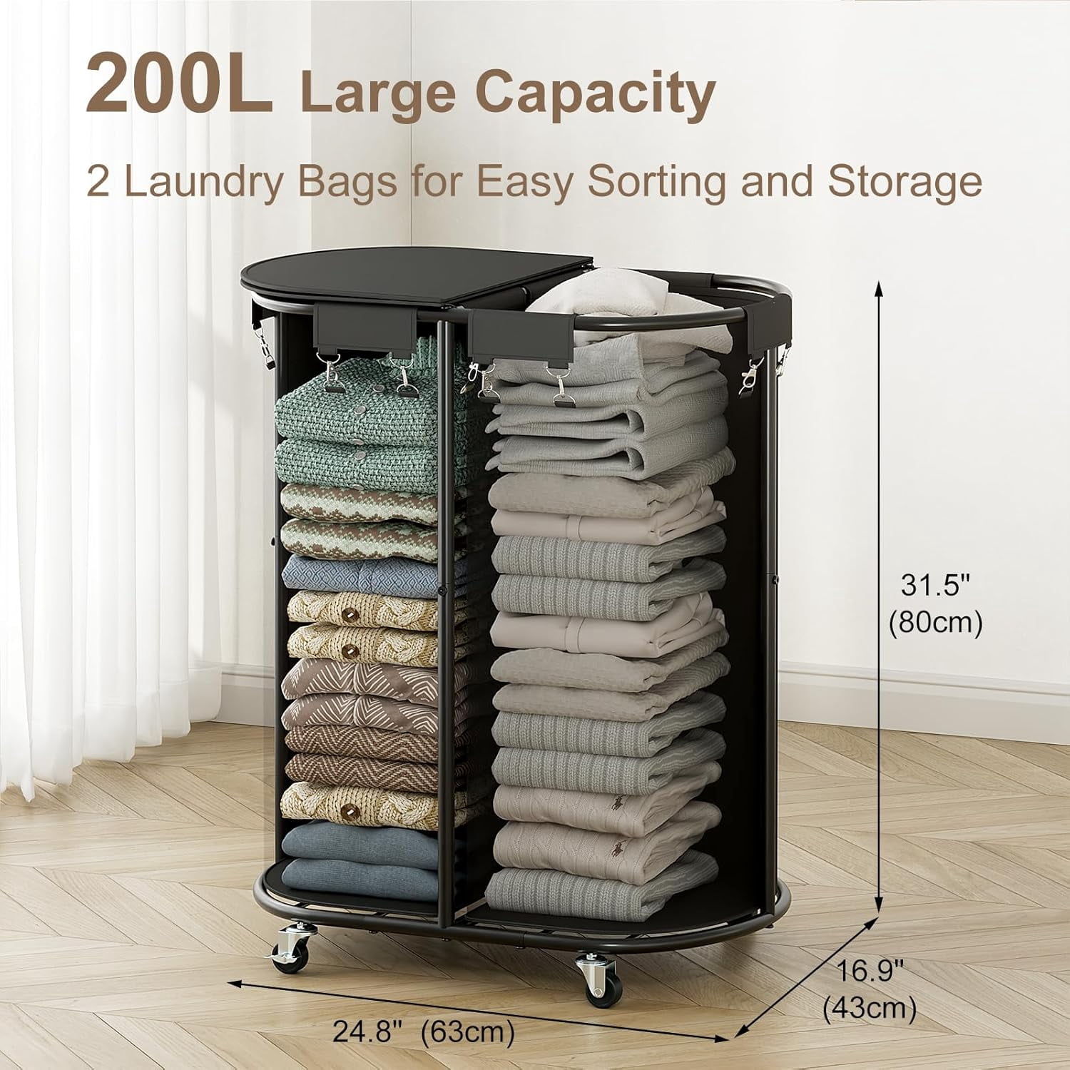 200L Double Laundry Hamper with Wheels and Lid, Large Oval Rolling Basket with Removable Bags, Black