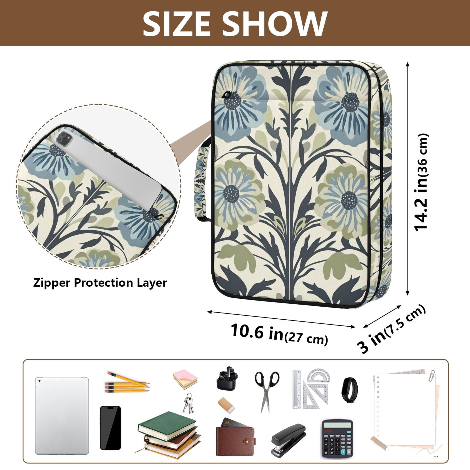 FORMRS Accordion File Folder A4 Size 7-Pocket Expanding Document Organizer Bag with 3 Ring Binder, Blue Floral Pattern
