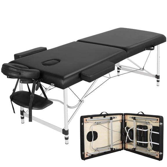 Yaheetech 28'' Wide Massage Table 2 Fold Aluminum Height Adjustable Portable Massage Bed with Face Cradle Armrest Hand Pallet, Black