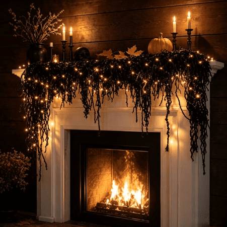 Halloween Garland with Lights, Black Halloween Garland for Mantle, 39.37 Inch Pre Lit Fireplace Garland, Indoor Halloween Decorations for Front Door, Wall, Halloween Home Decor