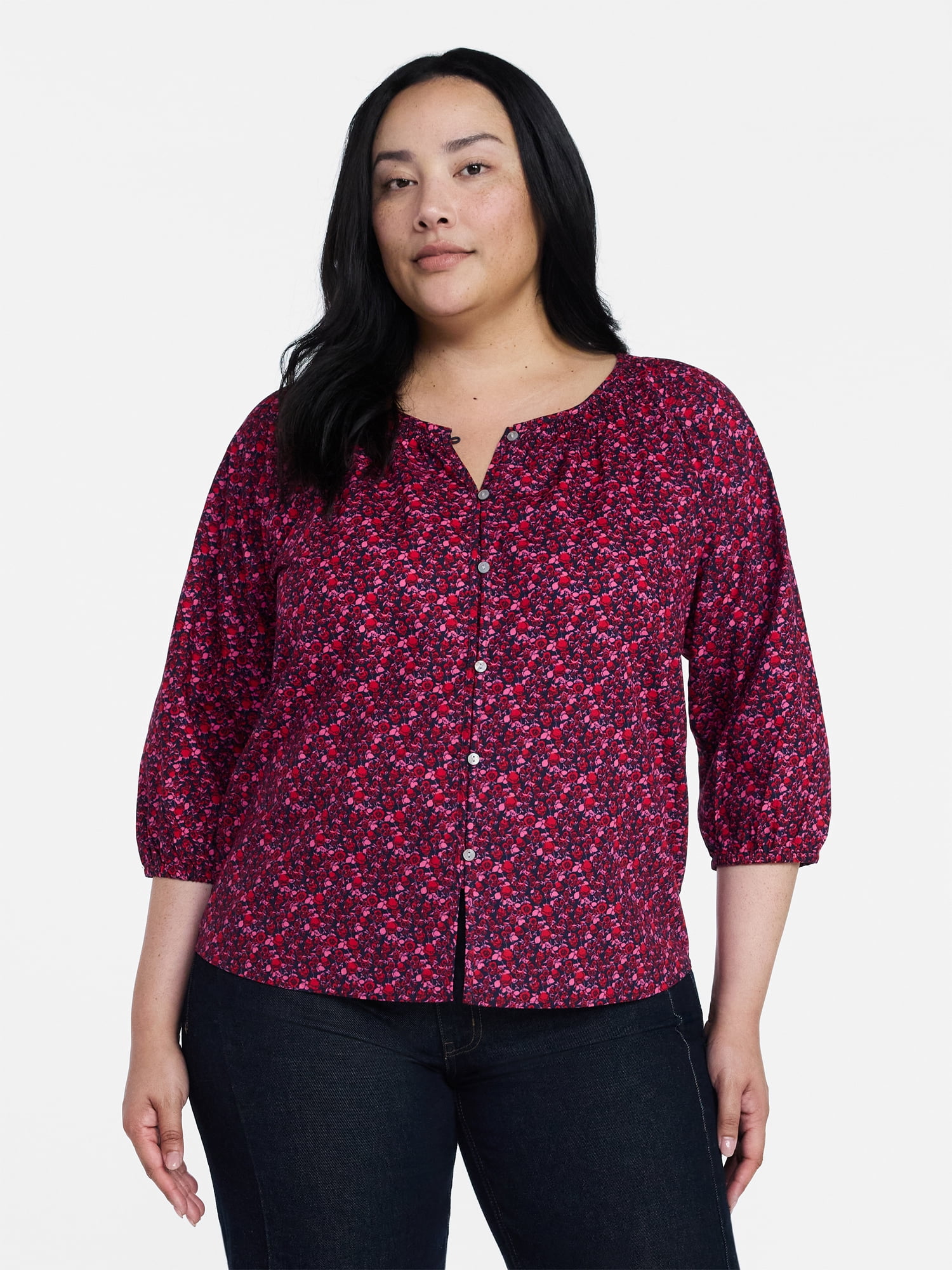 Time and Tru Women's Cotton Button Front Blouse with ¾ Length Sleeves, Sizes XS-XXXL