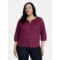 thumbnail image 2 of Time and Tru Women's Cotton Button Front Blouse with ¾ Length Sleeves, Sizes XS-XXXL, 2 of 6