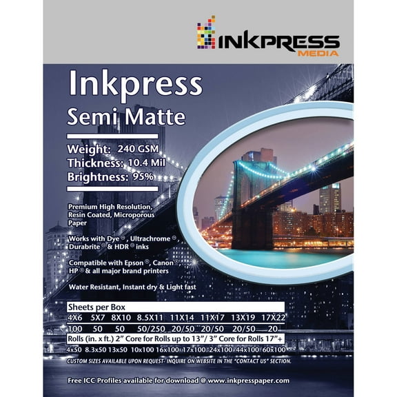 Inkpress Semi Matte Inkjet Photo Paper, 10.4mil, 240gsm, 95% Bright, 8.5x11", 50 Sheets