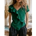 thumbnail image 4 of Camisetas Ligeras de Color Sólido Sedosas Casuales de Manga Corta con Cuello en V de las Mujeres de Verano para el Uso Diario de la Primavera Suelta, 4 of 5
