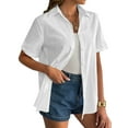thumbnail image 3 of Women'S Cotton Button Shirt Rolled Hem Short Sleeve Shirt Women'S Summer Casual V Neck Beach Cotton Top White XXL, 3 of 8