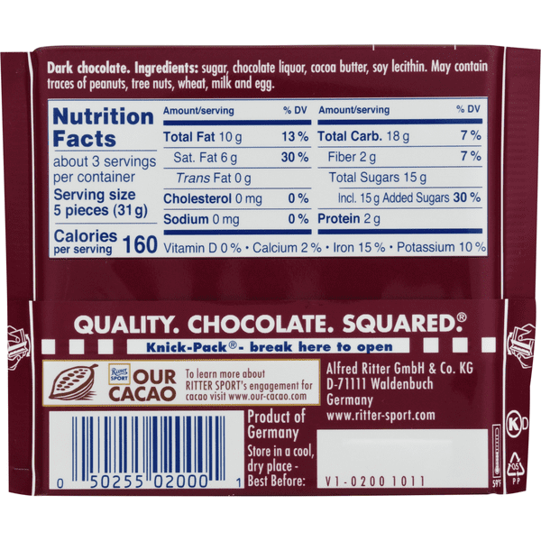 Ritter Sport Dark Chocolate Bar, 50% Cacao, 3.5 oz Bars, 6 Pack