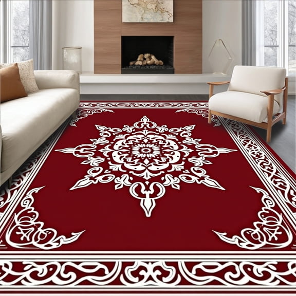 ODIKA 4'x6' Machine Washable Non-Slip Area Rug, Dynasty Medallion Ornate Floral Vine Heritage Art High Traffic Rug, Red, 665708