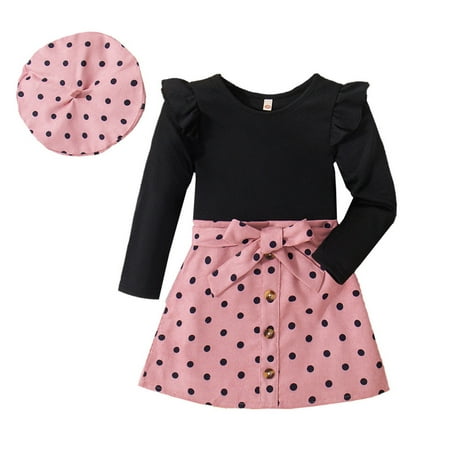 

Kids Outfits 3Pcs Skirt Ruffle Long Sleeve Knitted Mi Polka Dot Skirts Hat Kids Outfits Sets