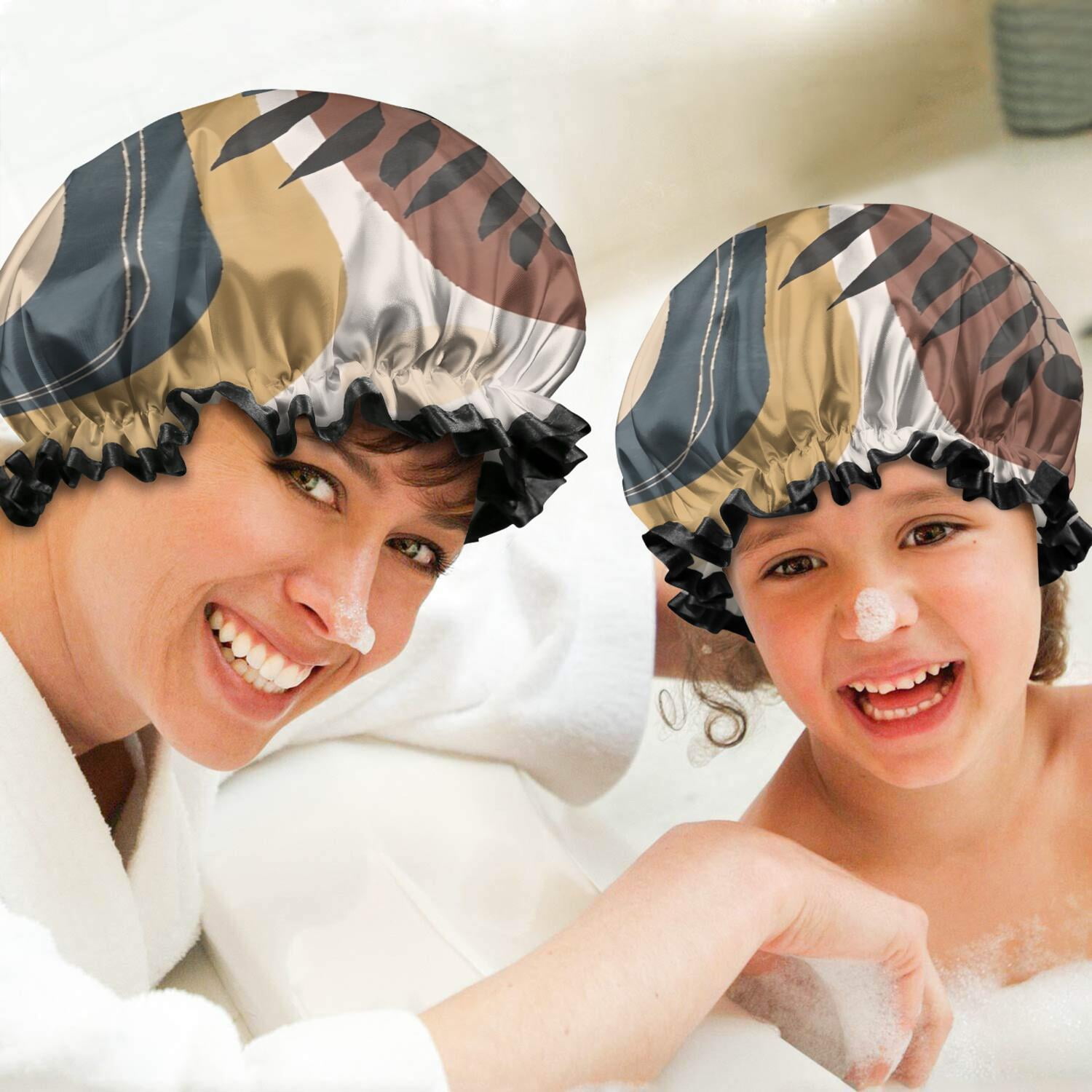 Shower Caps,Brown Boho Geometric and Plant Pattern Waterproof Shower Cap for Women 4 Pieces,Double Reusable Hair Cover for Shower PEVA Elastic Stretch Hem