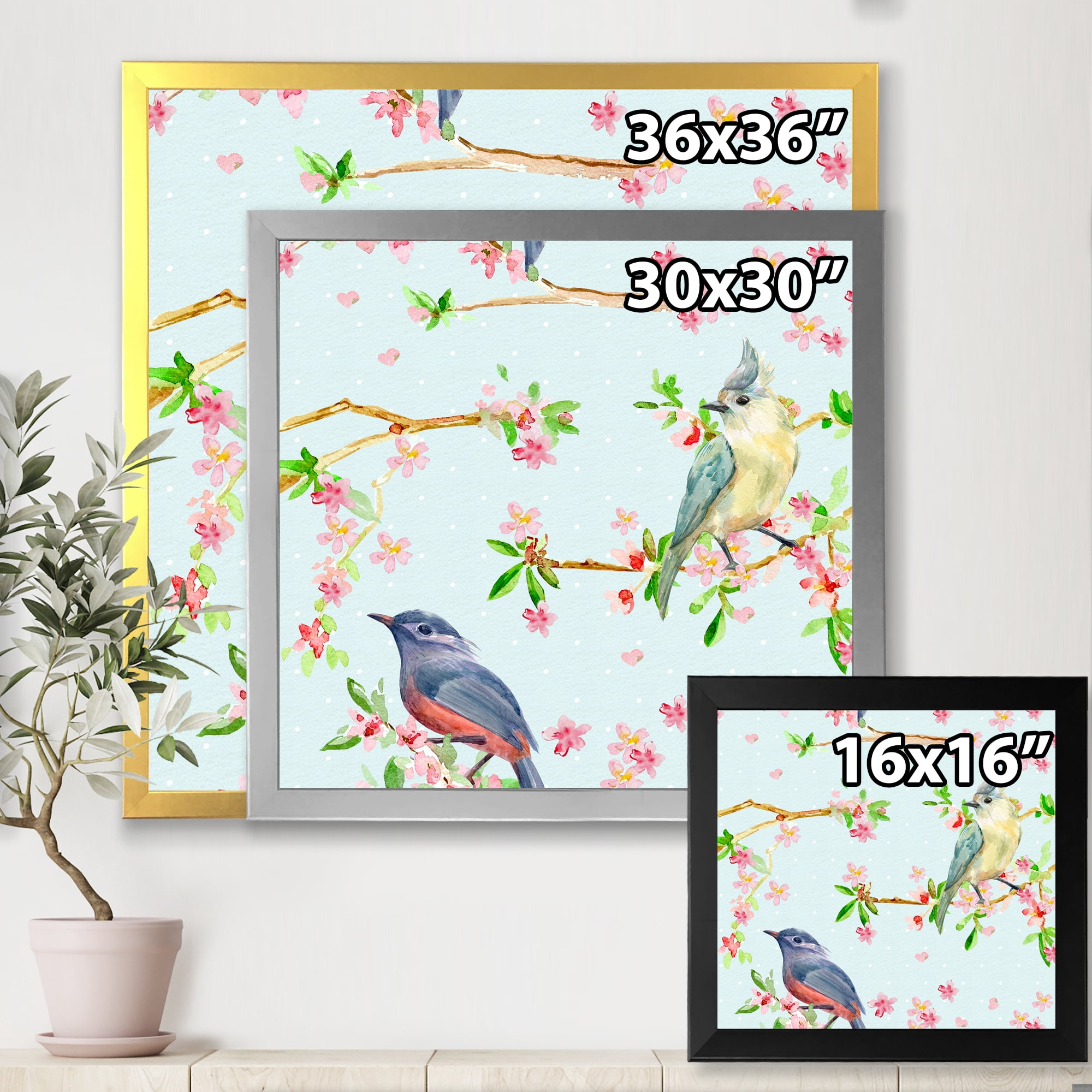 Designart 'Birds and Flowers Pattern In Blue' Traditional Framed Art Print