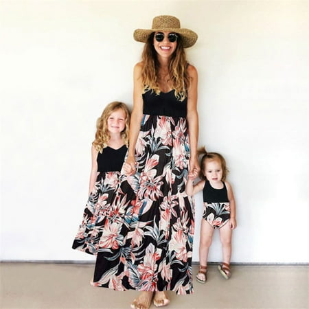 

Mommy and Me Dresses Adjustible Spaghetti Strap Dress Floral Print Baby Rompers Mother and Daughter Matching Dresses