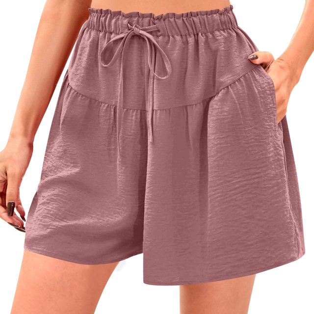 Ovticza Womens Linen Shorts 2025 Summer Drawstring Ruffle Elastic High Waist Solid Color Casual Beach Shorts with Pockets Light pink L
