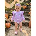 thumbnail image 4 of RUINIXCW Newborn Baby Girl My First Halloween Outfit Infant Baby Girl Fall Winter Clothes Bubble Romper Pumpkin Ghost Embroidery Ruffle Long Sleeve Bodysuit Headband Set, 4 of 8