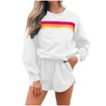 thumbnail image 3 of YOIAVAIOY Womens Sweat Suits 2 Piece Rainbow Print Tracksuits Raglan Sweatshirt and High Waisted Shorts Casual Athletic Set Tennis Baseball Matching Outfit with Pockets White S, 3 of 9