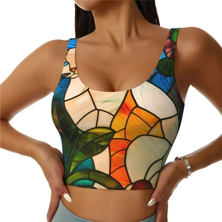 Qokaie Stained Glass Cat Art Pattern Womens Scoop Neck Sports Bra Breathable Workout Vest Padded U Back Medium Impact Fitness Gym Yoga Bra Workout Crop Top-Large