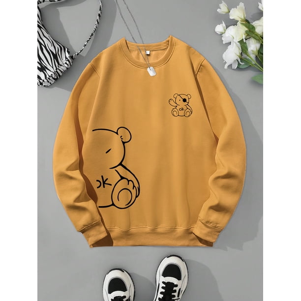 Sudaderas con estampado de oso de peluche Kawaii OK para mujer, sudaderas con capucha de moda Retro clásicas, ropa informal cálida de lana, ropa deportiva suelta