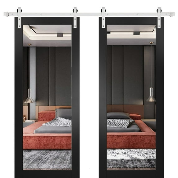 Sturdy Double Barn Door 56 x 84 inches with | Lucia 1299 Matte Black with Mirror | Stainless Steel 13FT Rail Hangers Heavy Set | Solid Panel Interior Doors