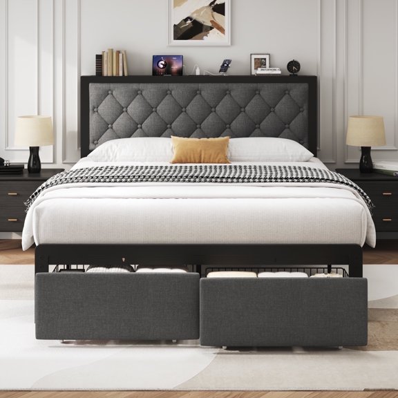 Fluest Bed Frame with Linen Upholstered Headboard, Lockable Storage, Queen Size, Gray
