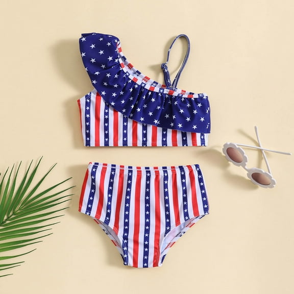 Nrmvnmi Summer Toddler Baby Girls 4th of July 2 Pcs Split Swimwear Star Stripe Print Sleeveless One-shoulder Swimming Outfits
