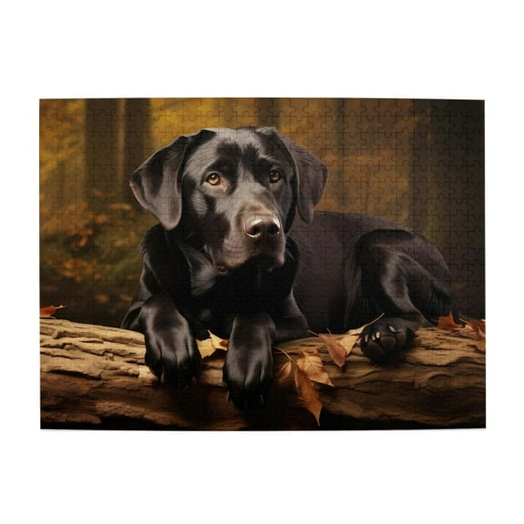 500-Piece Wooden Jigsaw Puzzle for Adults - Dog On Log Autumn Leaves , Interlocking Pieces with Guide Letters, Holiday Gift & Home Decor
