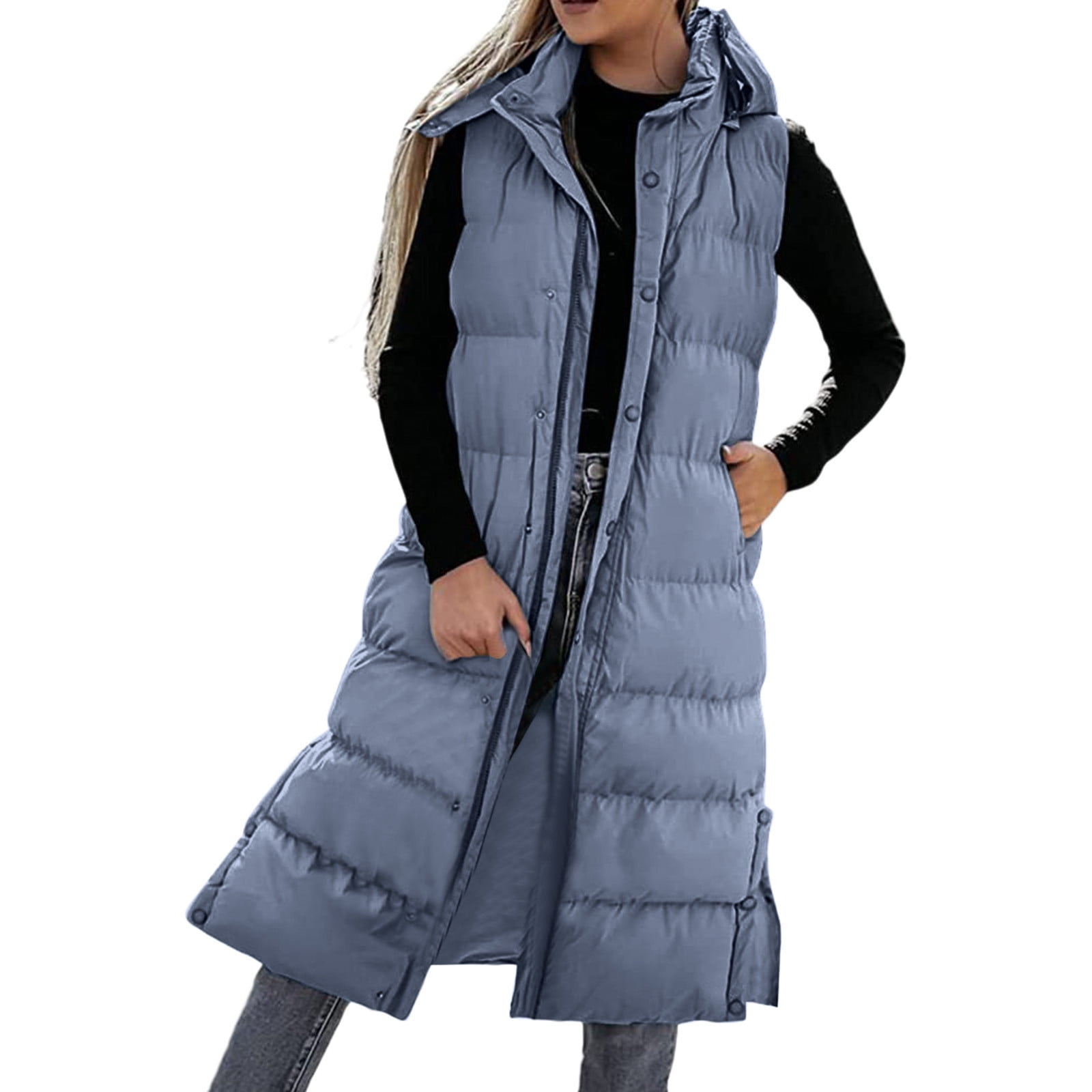 Long Puffer Vest for Women Quilted Down Vest Sleeveless Hooded Puffer  Jackets Slit Winter Warm Outerwear with Pockets 