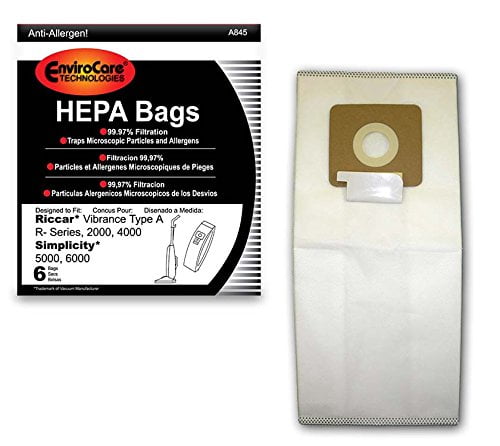 6 Pack R- Series & Simplicity Vacuums EnviroCare HEPA Bags for Riccar Type A 