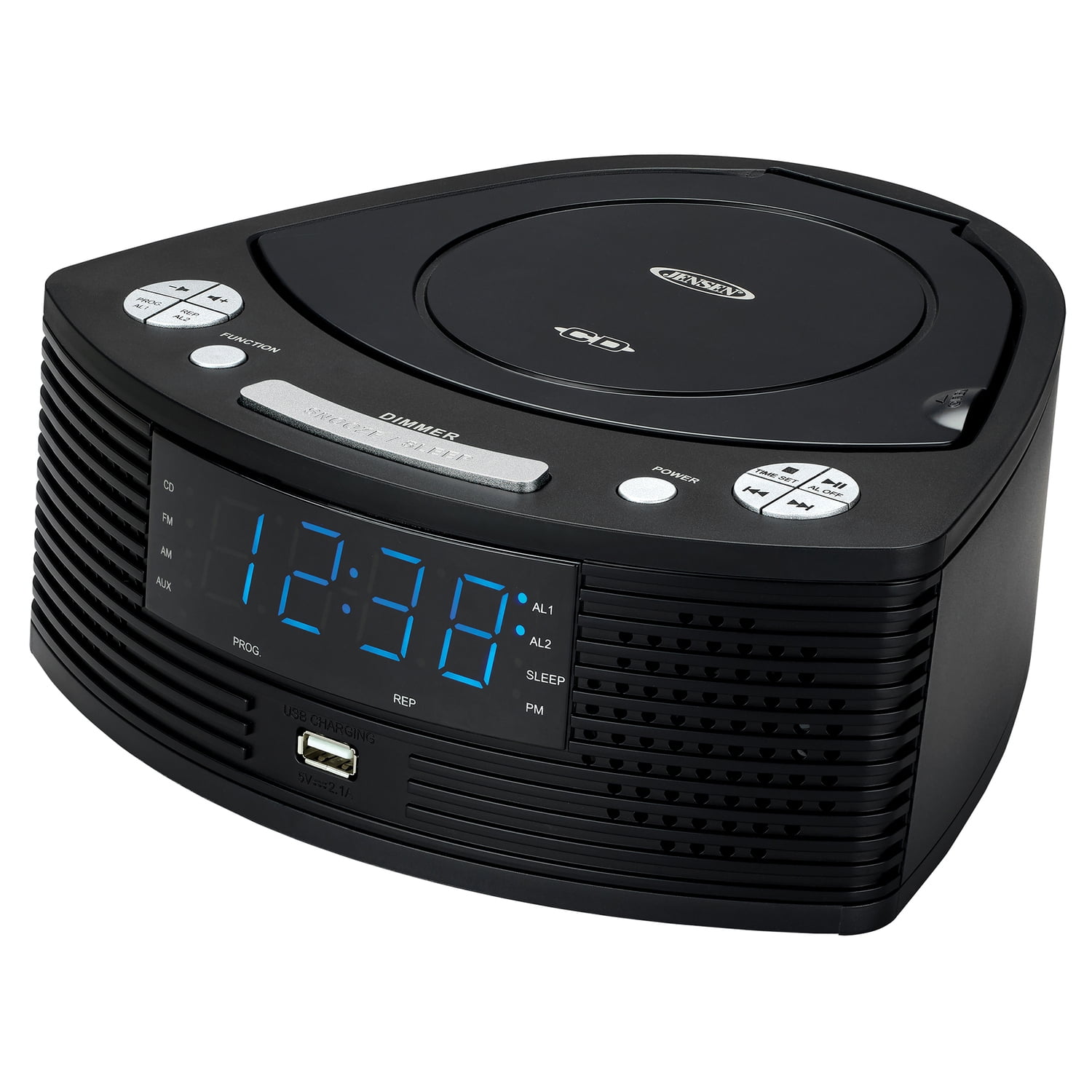 JENSEN Dual-Alarm Clock Radio with AM/FM Radio, Top-Loading CD Player, 0.9-In. Blue LED Display, Dimmer, Battery Backup, Sleep/Snooze, Aux Input